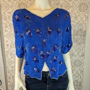 Vintage 1970s 1980s Blue Sequin and Beaded Peacock Poncho Silk top